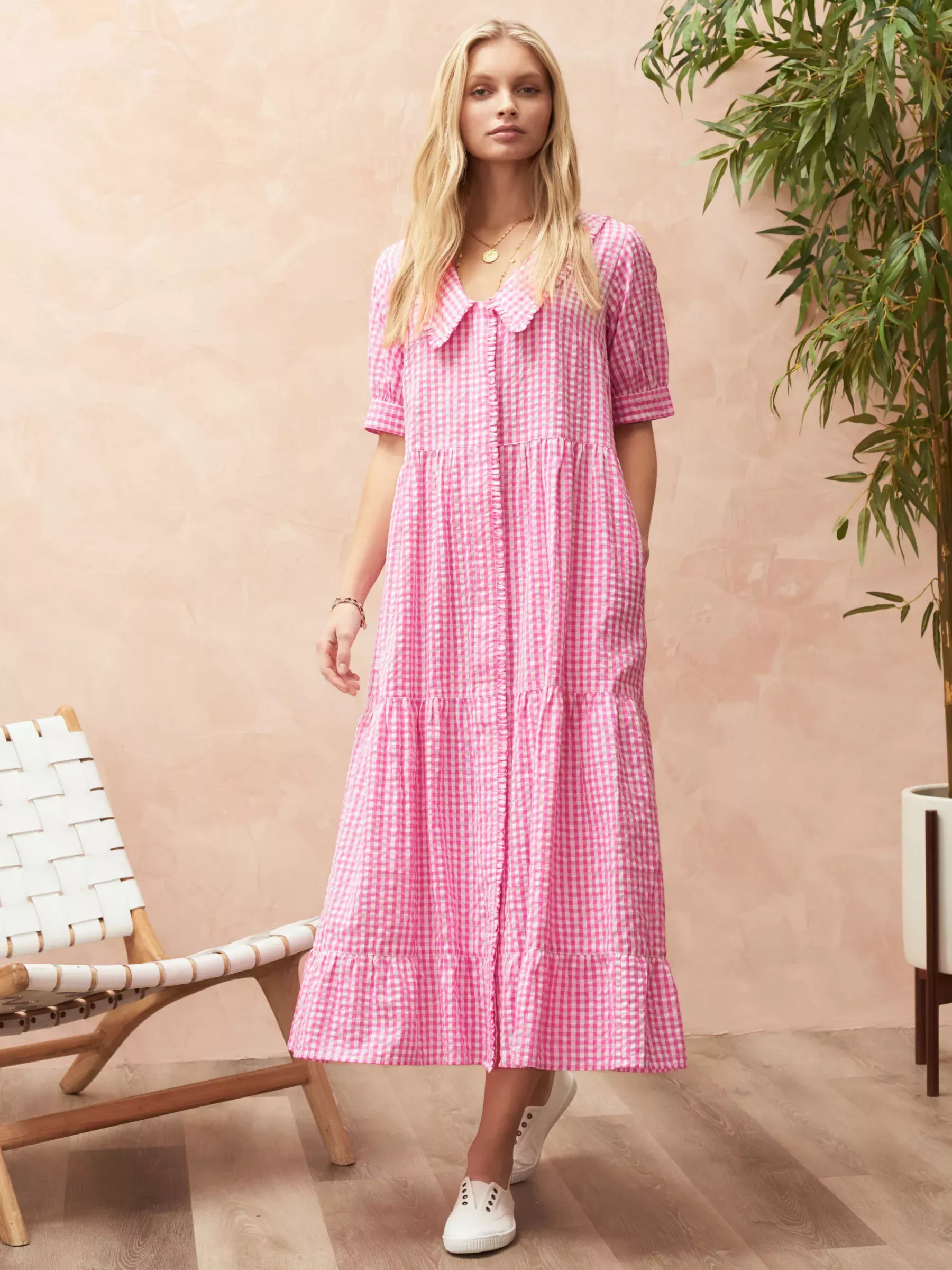 Gingham Pastel Pink Tied 'N Tiered Longline Dress - Limited