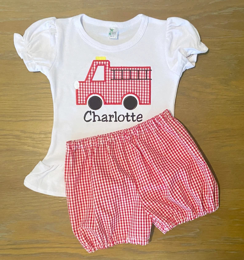 Girly Firetruck Outfit - Bubble Shorts - Firetruck Ruffle Shirt - Firetruck Birthday Shirt - Birt... | Etsy (US)