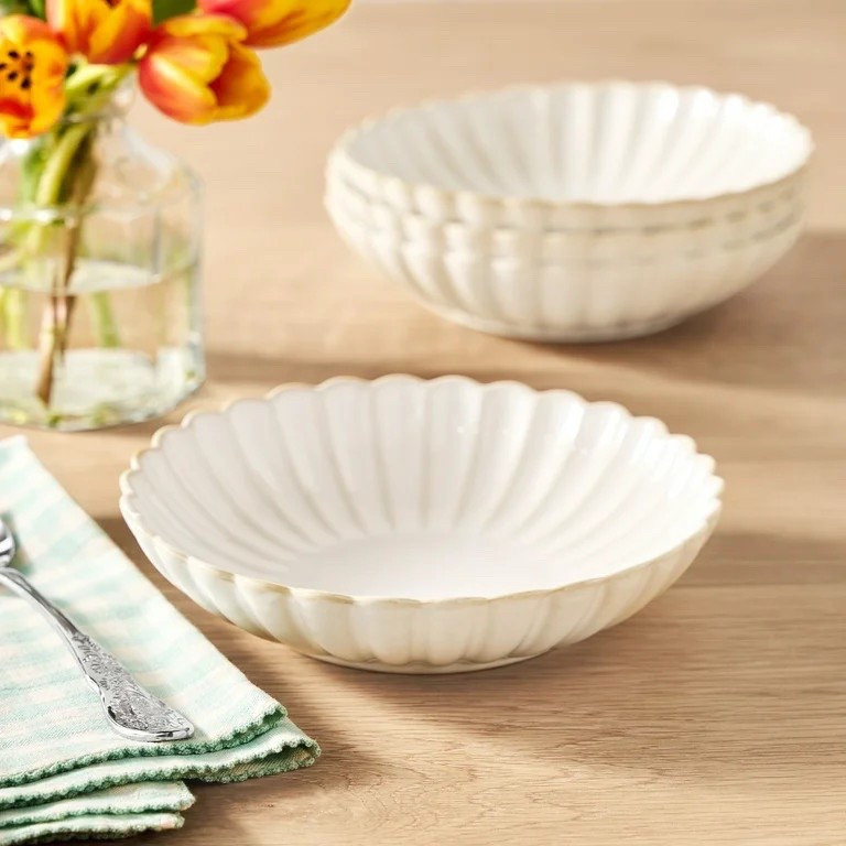 This scalloped dinnerware collection from Walmart is absolutely beautiful and so affordable! I'm loving these scalloped dinner bowls that are perfect for pasta. The scallop design is gorgeous. Comes in a set of 4 in cream, blue, green, and lavender. The Pioneer Woman knocked it out of the park with this scalloped tablescape look! Perfect Mother's Day gift or gift for moms! 

#LTKGiftGuide #LTKSeasonal #LTKHome