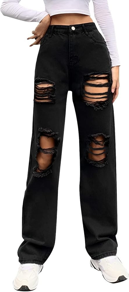 Genleck Women Loose Ripped Boyfriends Jeans High Waist Baggy Denim Pants Distressed Wide Leg Jean... | Amazon (US)