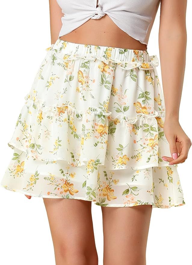 Allegra K Women's Layered Ruffle Hem Elastic Waist A-Line Skater Floral Mini Skirt | Amazon (US)