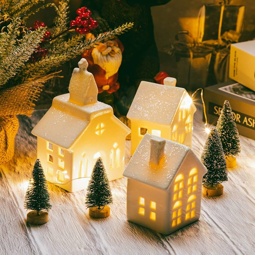 7 Pcs Christmas Miniature Porcelain Village Sets Tabletop Figurine LED Porcelain House Miniature ... | Amazon (US)