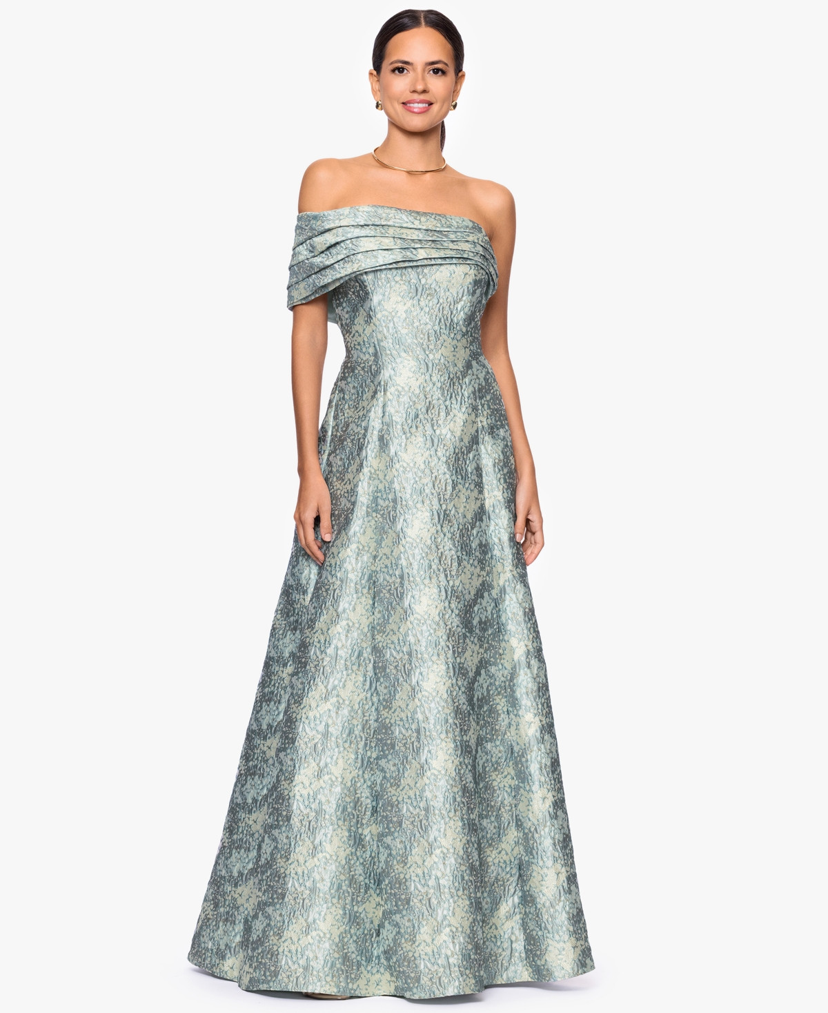 Betsy & Adam Petite Off-The-Shoulder A-Line Long Dress - Sage Ivory | Macy's