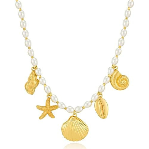 TOVABA Sea Shell Necklaces for Women Gold Conch Shell Starfish Pendant with Pearl Chain Necklace Surfer Beach Necklace Summer Jewelry Gift | Amazon (US)