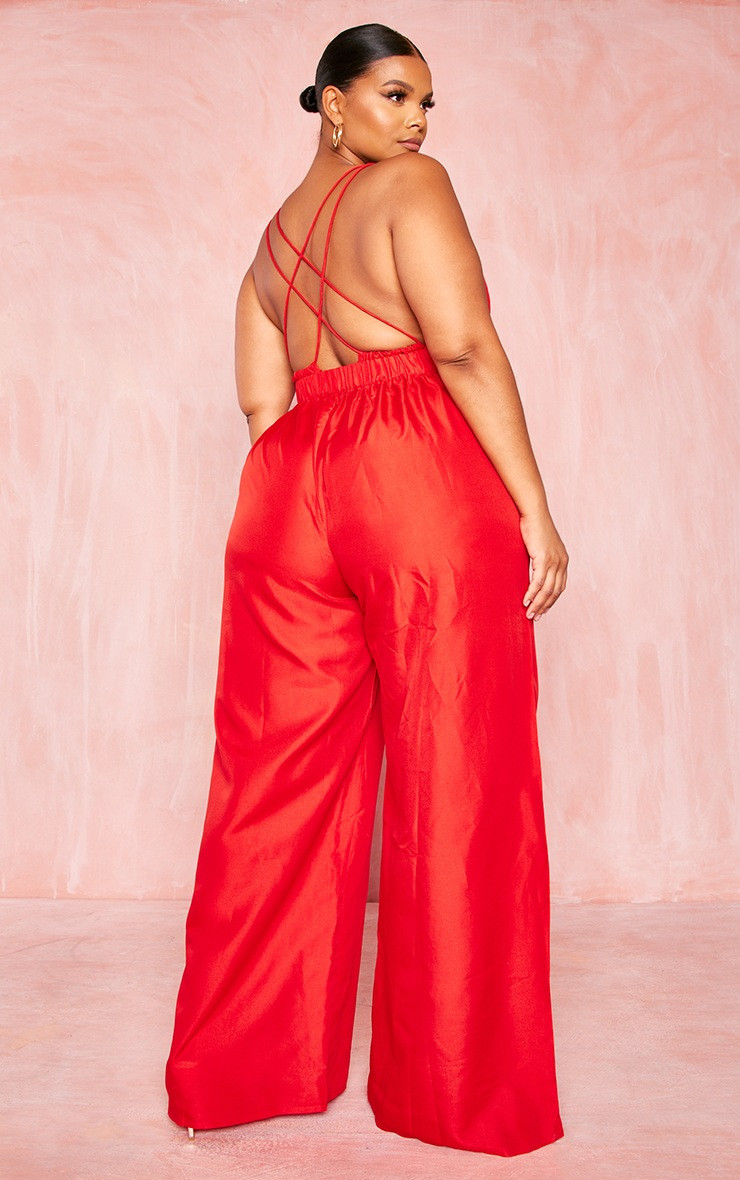 Plus Red Strappy Cross Back Detail Wide Leg Jumpsuit | PrettyLittleThing US