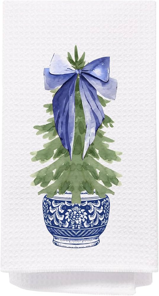 Chinoiserie Christmas Tree Hand Towels, Blue and White Porcelain - 16x24 Inch, Bathroom and Kitch... | Amazon (US)