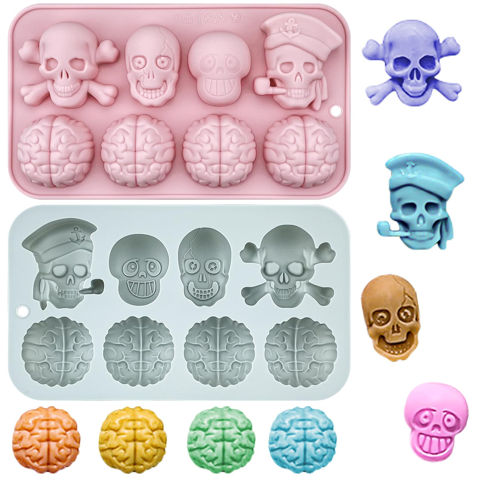 2Pcs Halloween Silicone Molds Pirate Skull Human Brain Fondant Mold 8 Cavity 3D Pirates Organ Sha... | Amazon (US)