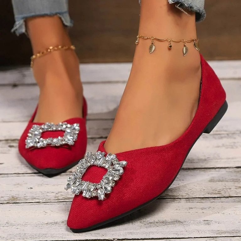 Women's Comfortable Flat Shoes - Round Toe Classic Cute Bow Metal Buckle Slip on Ballet Flats Red... | Walmart (US)