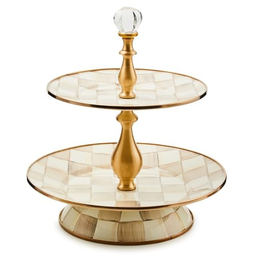 MACKENZIE-CHILDS Enamel Two-Tier Sweet Stand, Two-Tiered Serving Tray for Dessert, Brown-and-White Mocha Check | Amazon (US)