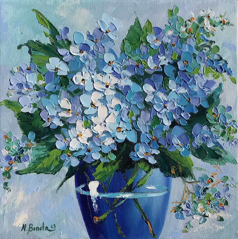 Hydrangea Painting Blue Flowers Original Art Floral Artwork Shabby Chic Flower Wall Painting Orig... | Etsy (US)