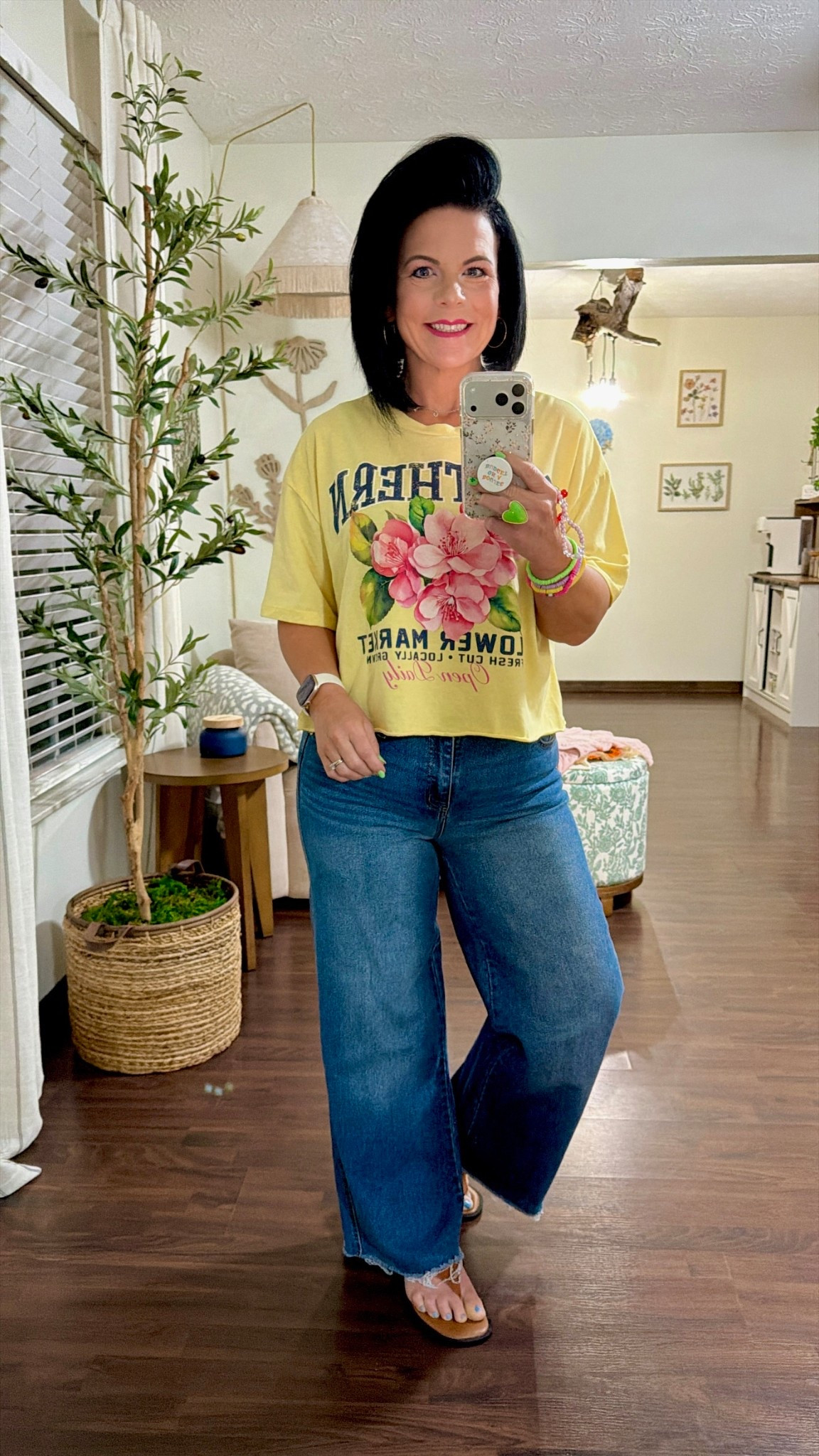 No Boundaries Boxy Cropped Graphic Tee,
I size up to a large in crop tees 

No Boundaries Baggy Wide Leg Jeans Size Small I also cut the hem so they will fit in the length 

No Boundaries Mint & Gold 2pc Ring Set

Time and Tru Women's Hooded Faux Leather Thong Sandals

Time and Tru Adult Women's 3 Pair Gold Tone Thin Metal Hoop Earring Set



#LTKootd #LTKOver40 #LTKPetite