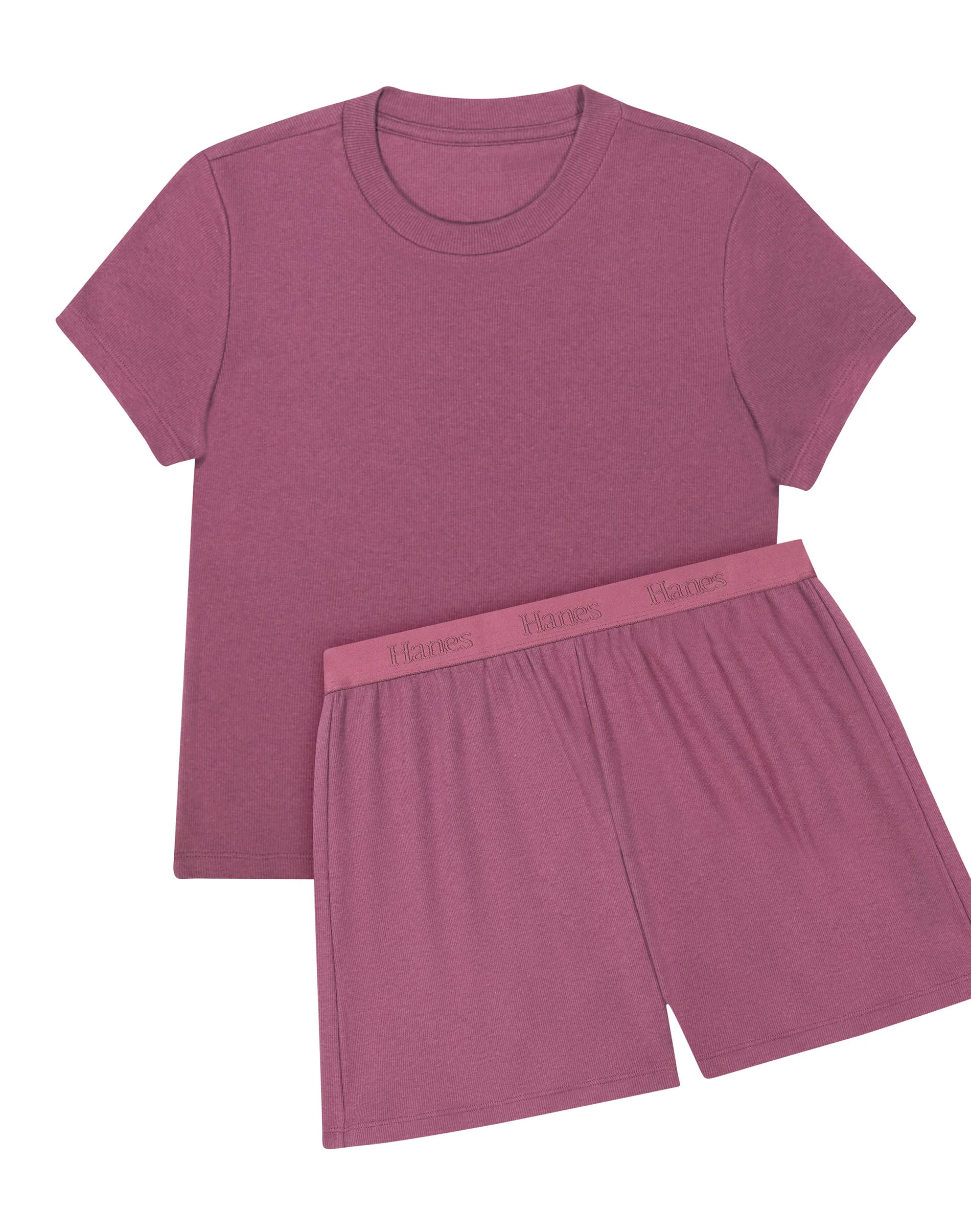 Hanes Originals SuperSoft Comfywear Women's Ribbed Babydoll Tee & Shorts Pajama Set - Soft Loungewear Mauve Mood/Mauve Mood M | Hanes.com