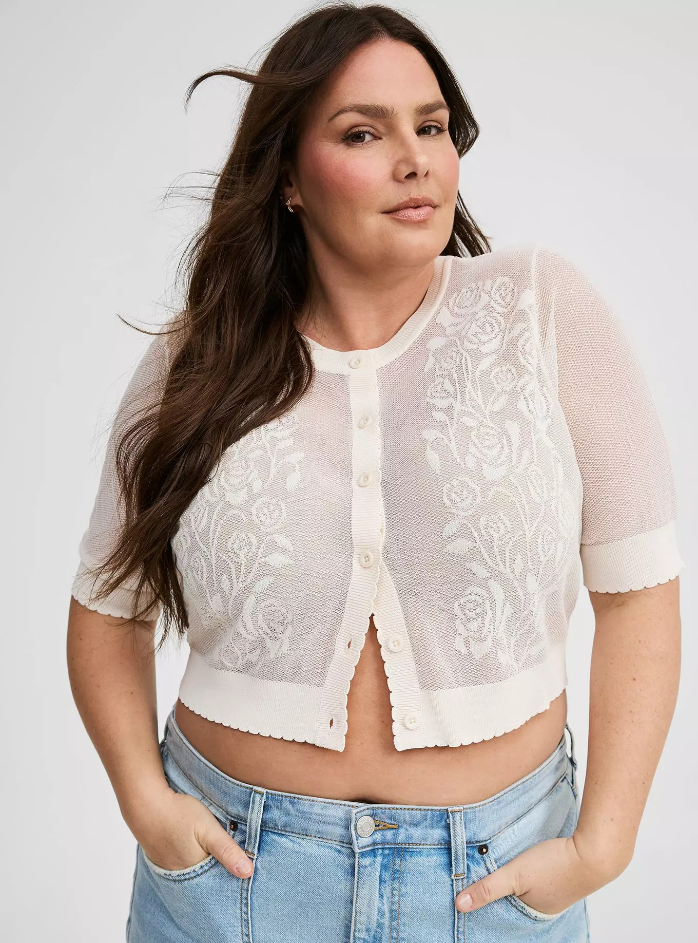 Lace Pointelle Detail Button Front Shrug | Torrid (US & Canada)