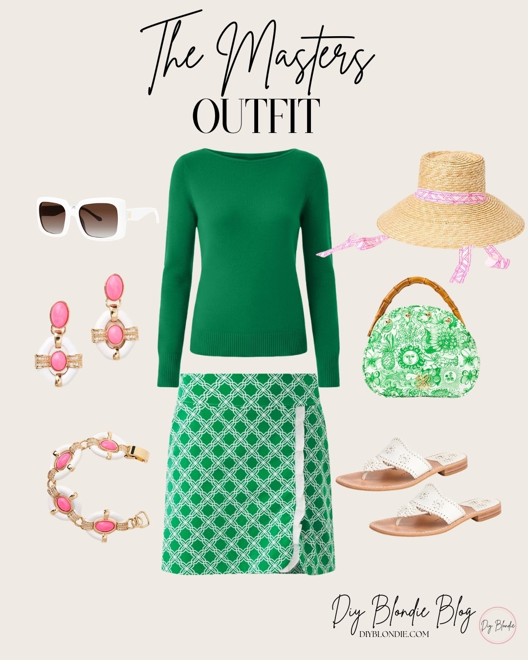Masters-ready outfit 💚 If you love classic Southern style, this green and white look is perfect for tournament week, spring events, or a polished everyday outfit. I styled a chic green sweater with a patterned skort and added feminine accessories like a straw hat, statement earrings, and easy sandals. It’s polished, comfortable, and very Augusta-inspired. Linking everything here!