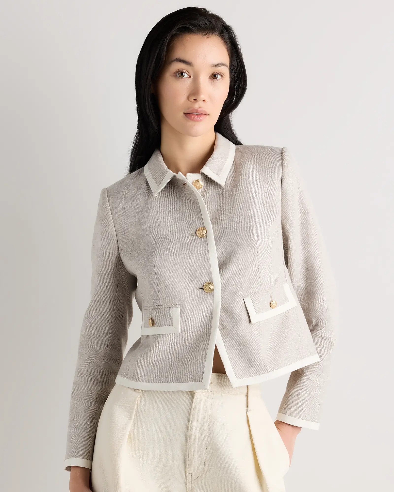 European Stretch Linen Cropped Lady Jacket in Flax/Ivory | Quince