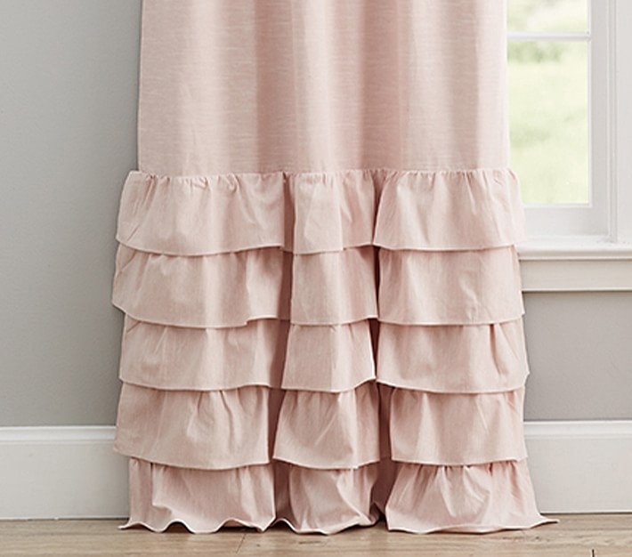 Evelyn Linen Blend Ruffle Bottom Blackout Curtain Panel | Pottery Barn Kids