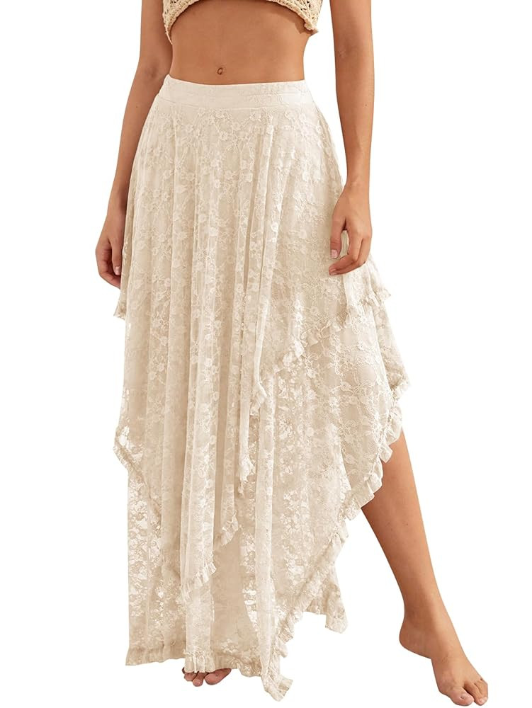 YKR Womens Lace Long Skirts Elastic Asymmetrical Layered Hem Sexy See-Through Flowy Skirts Floral... | Amazon (US)