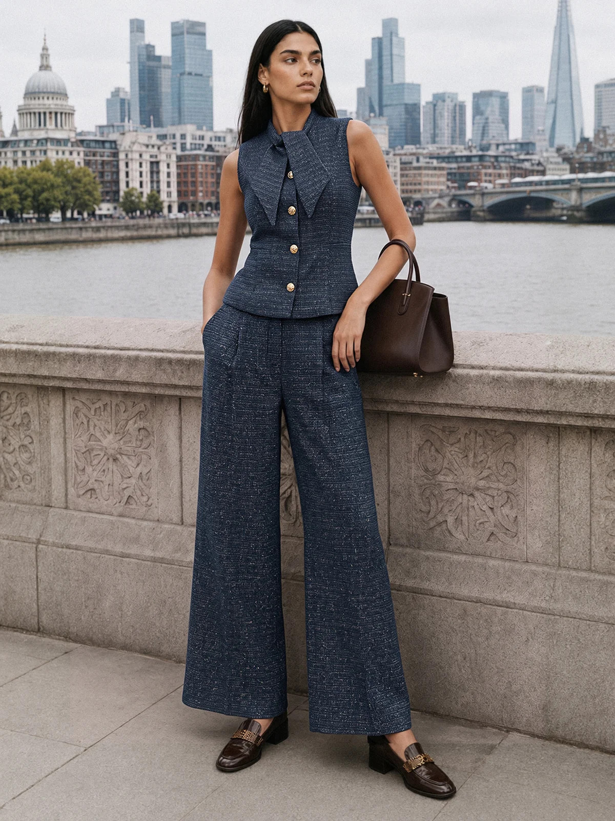 Bow Neck Tweed Vest Straight Leg Pants Set | Commense