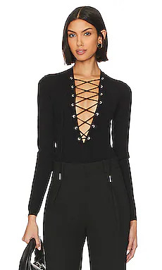fleur du mal Plunge Lace Up Bodysuit in Black from Revolve.com | Revolve Clothing (Global)