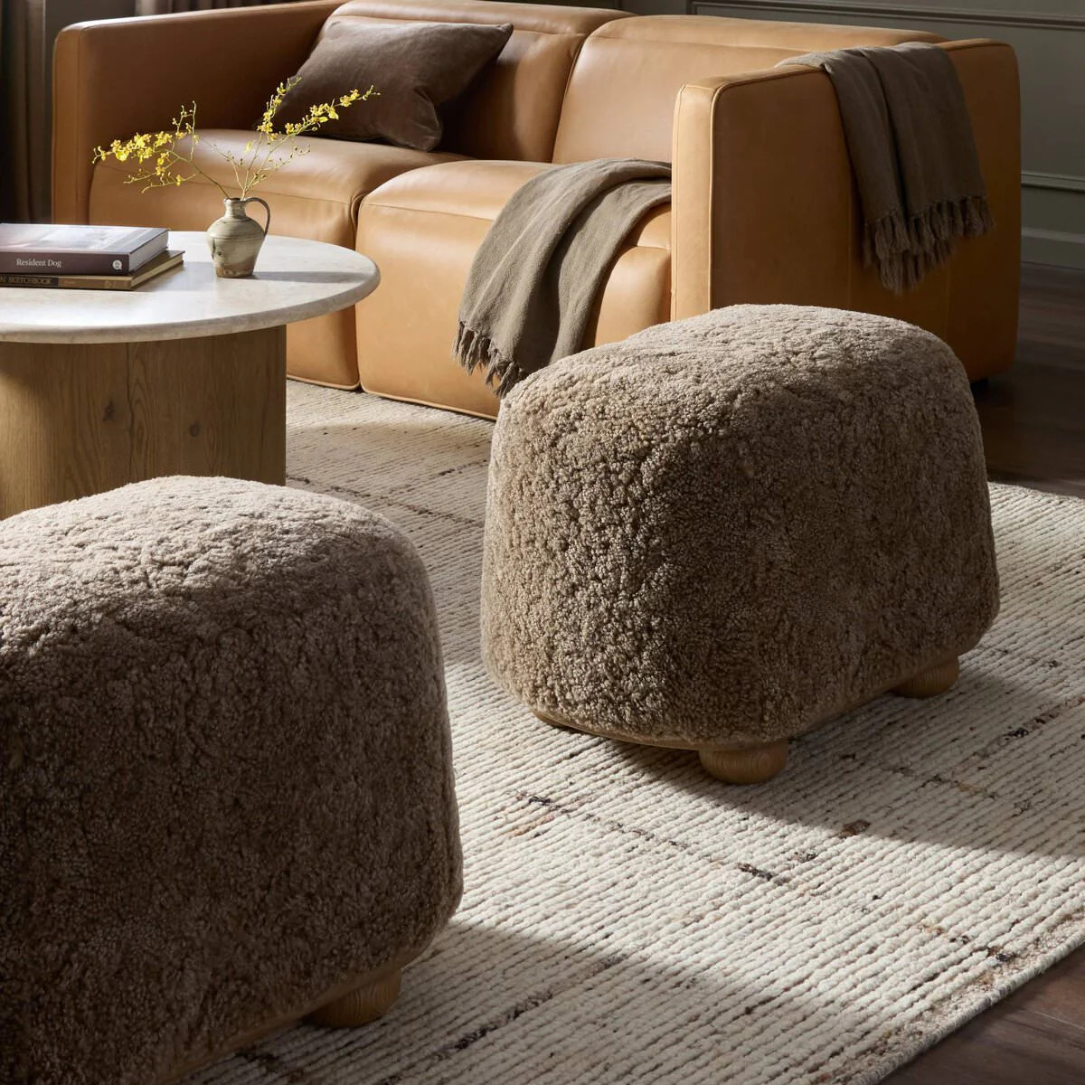 Four Hands Bilbury Oval Ottoman in Taupe Shearling | The Addison West