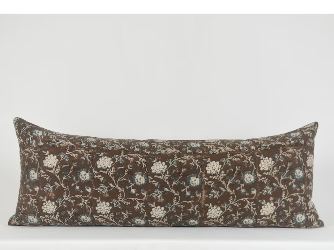 Hand Block Printed Linen Lumbar Pillow: Brown Floral, Brass Zipper - Etsy | Etsy (US)