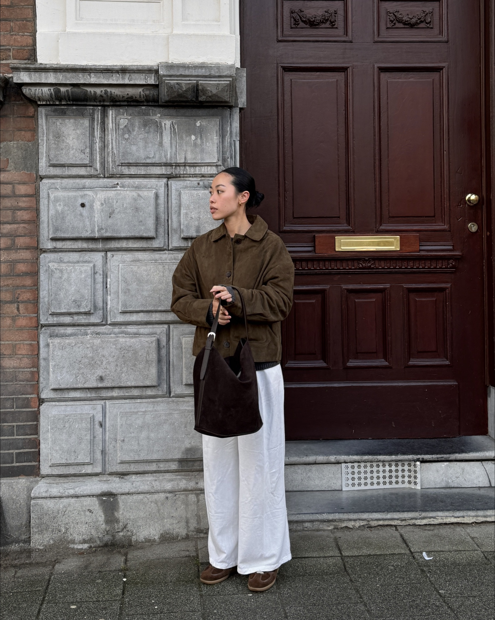 Chic outfit for the cold weather: suede leather jacket from Sezane paired with linen blend trousers fron Stradivarius. Bag is from Mango, dark brown sneakers from Alohas and accessories fron Astrid & Miyu

#LTKPetite #LTKSaleAlert #LTKdayinmylife