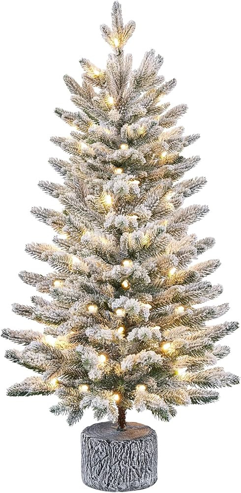 Yaheetech 3FT Pre-lit Potted Flocked Christmas Tree, Snow Frosted Mini Tabletop Artificial Christ... | Amazon (US)