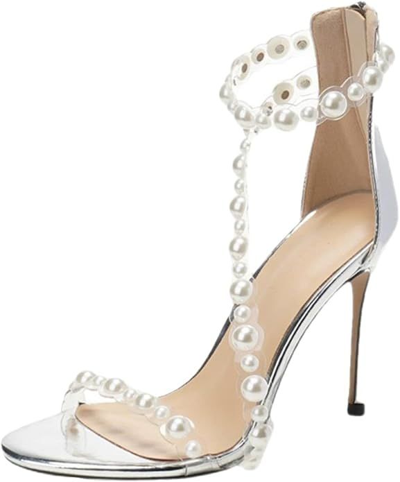 ChyJoey Women Durable Back Zipper Open Toe Sandals Pearl Stiletto Heels Pumps Ladies Sexy Dress S... | Amazon (US)