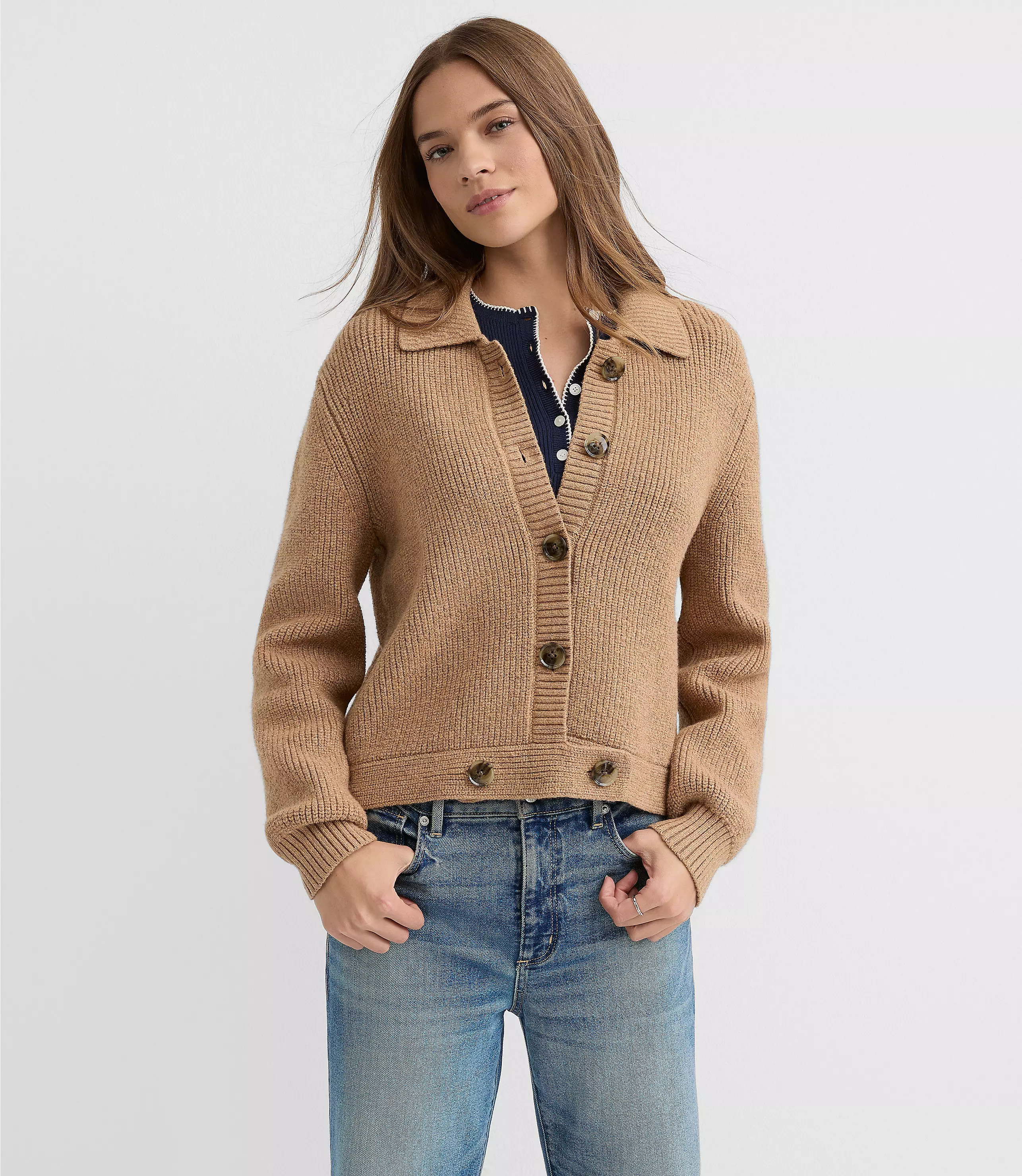 Heathered Ribbed Button Tab Sweater Jacket | LOFT