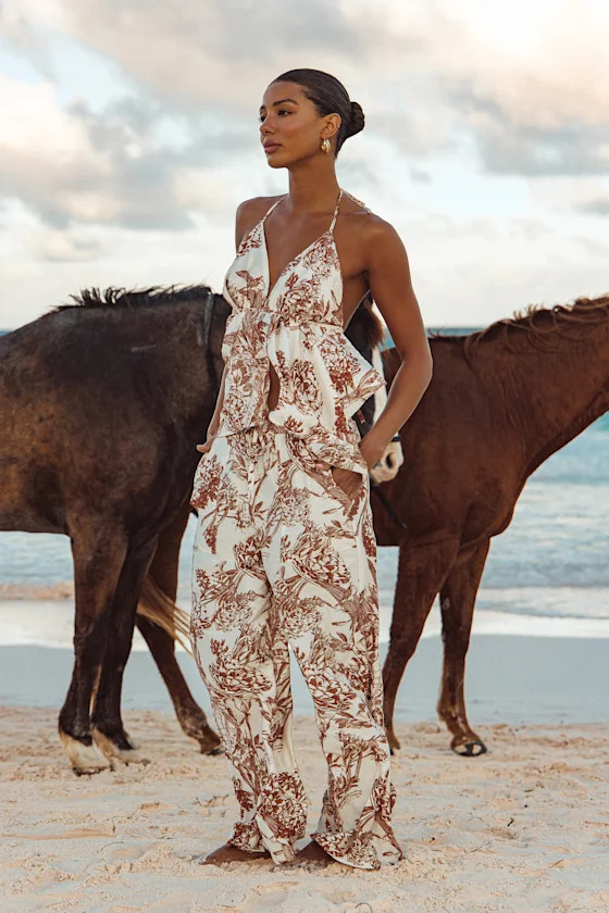 Rona Ivory and Brown Floral Two-Piece Jumpsuit | Lulus