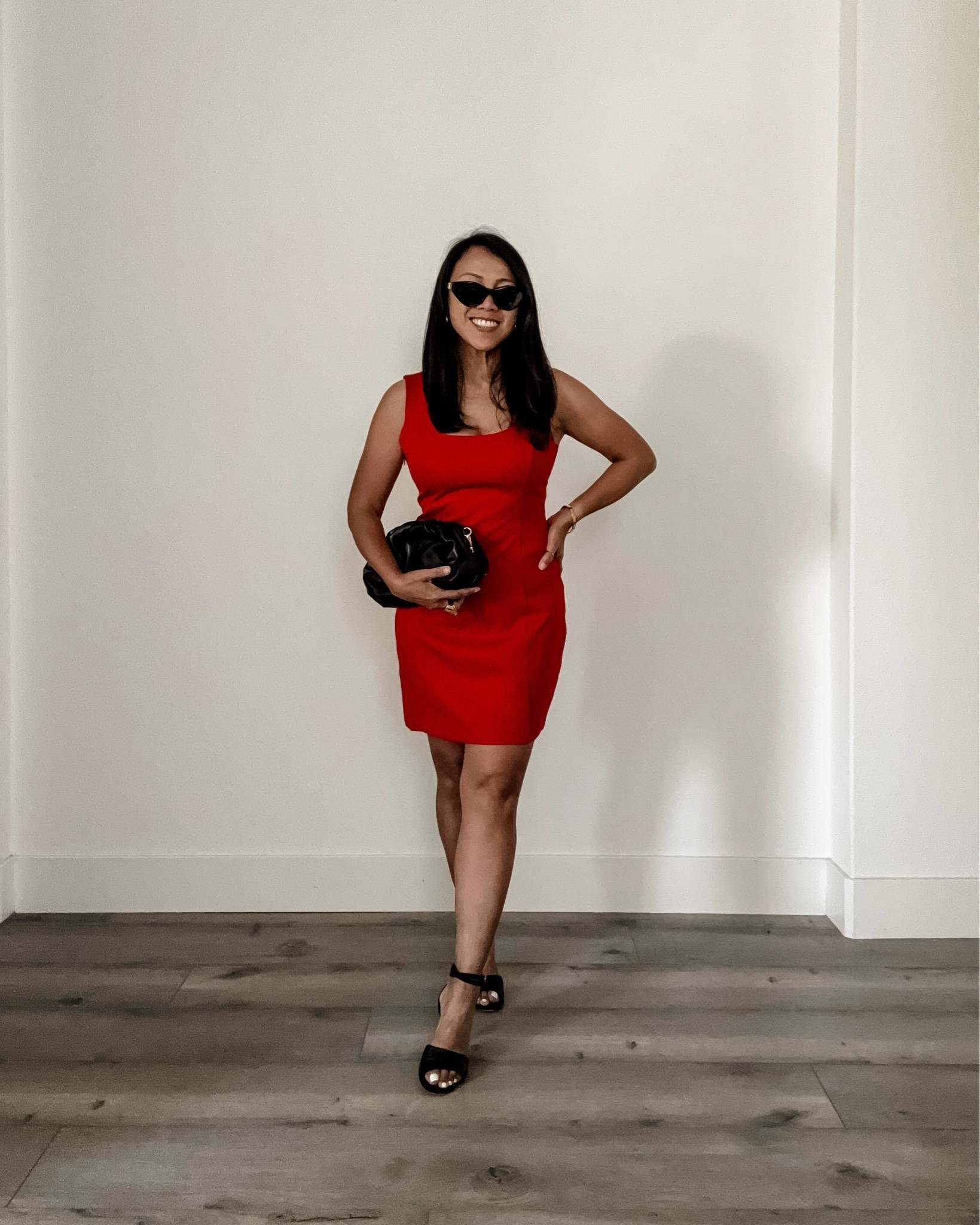 red dress black heels gold jewelry herstorey on LTK BRIDAL DROP 2