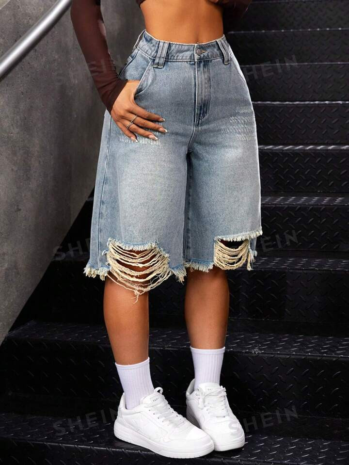 SHEIN ICON Women'S Ripped Loose Denim Shorts | SHEIN