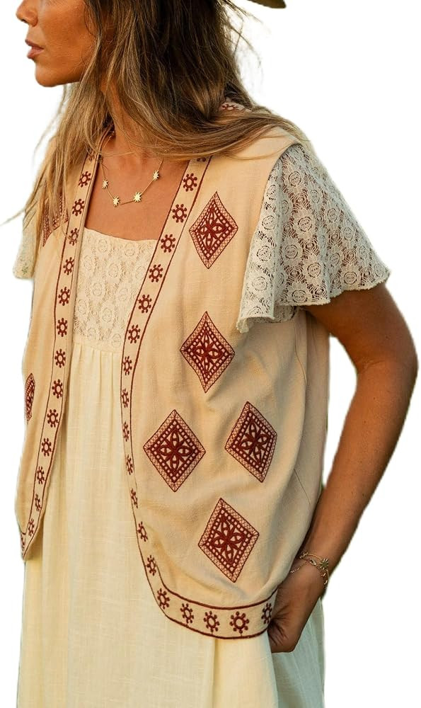 Retro Fashion Women's Quilted Boho Vest Y2k Sleeveless Embroidered Linen Shirt Cardigan Vintage C... | Amazon (US)