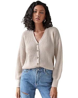SheIn Women's Bishop Long Sleeve Button Front Cardigan Sweater Coat Solid V Neck Jacket Outerwear | Amazon (US)