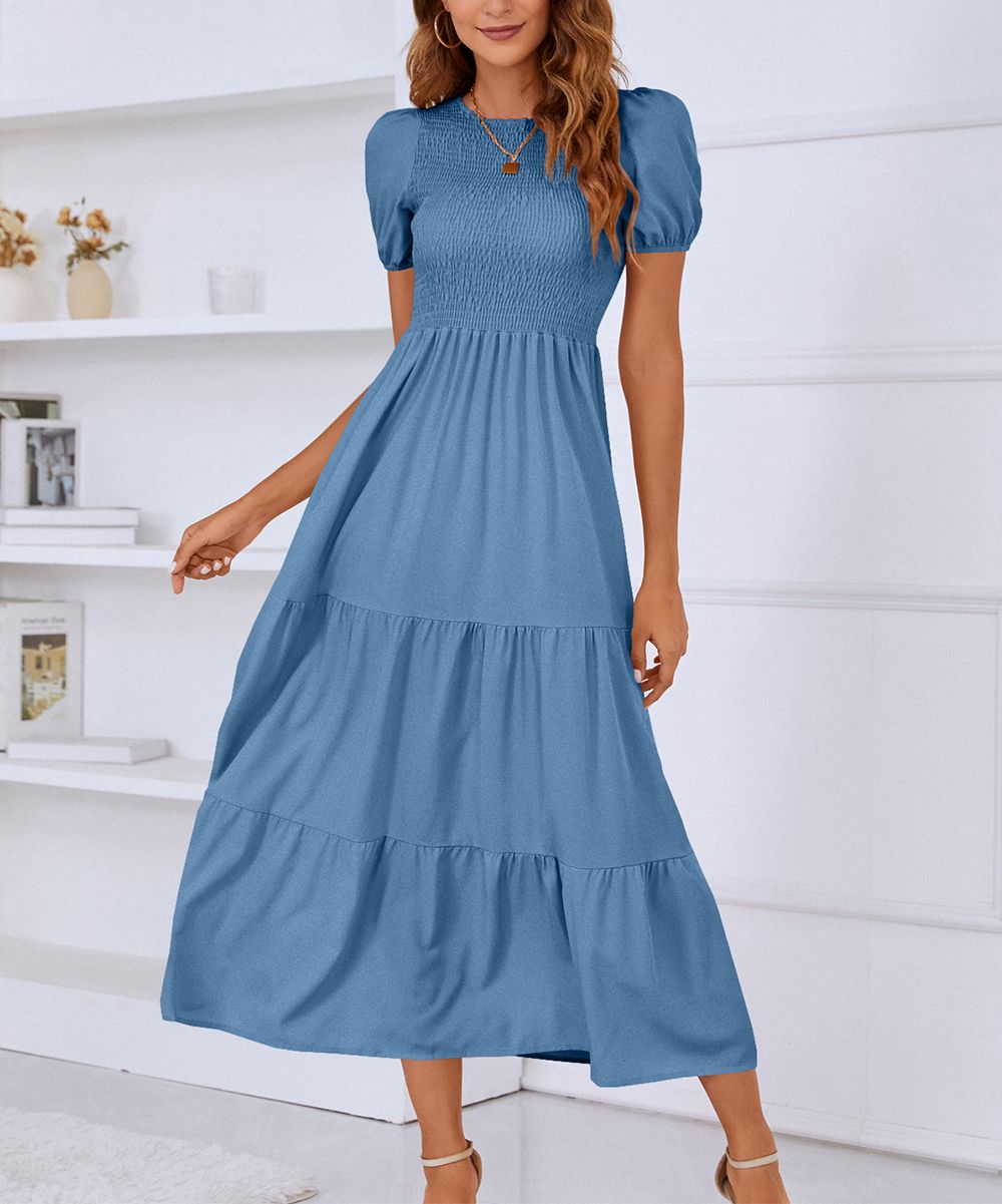 Blue Smocked Puff-Sleeve Tiered Maxi Dress - Women | Zulily
