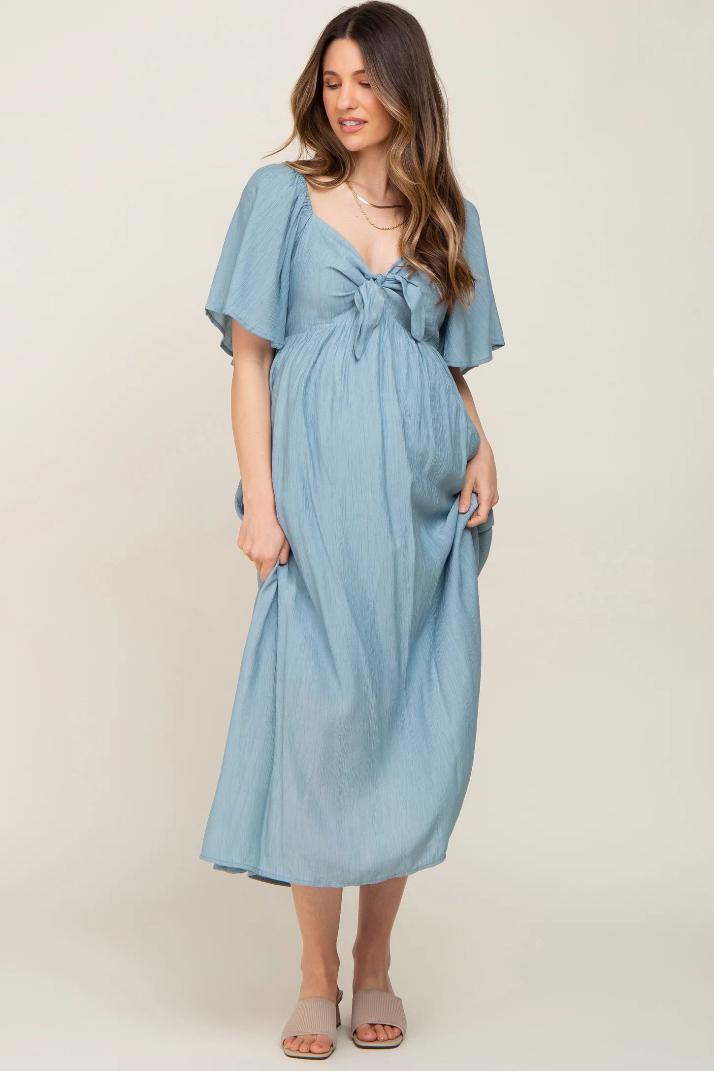 Blue Front Tie Ruffle Sleeve Maternity Midi Dress | PinkBlush Maternity