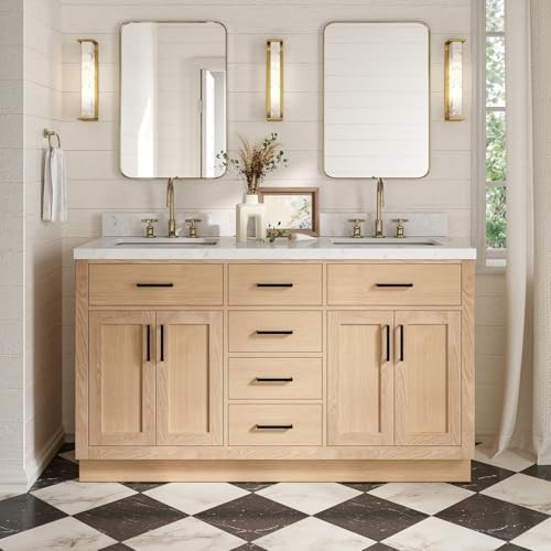 ARIEL Hepburn 60" Inch Oak Double Bathroom Vanity with Sink, Carrara White Quartz Countertop 1.5 inch Edge and backsplash, Soft Closing Door and Drawer, Matte Black | Amazon (US)