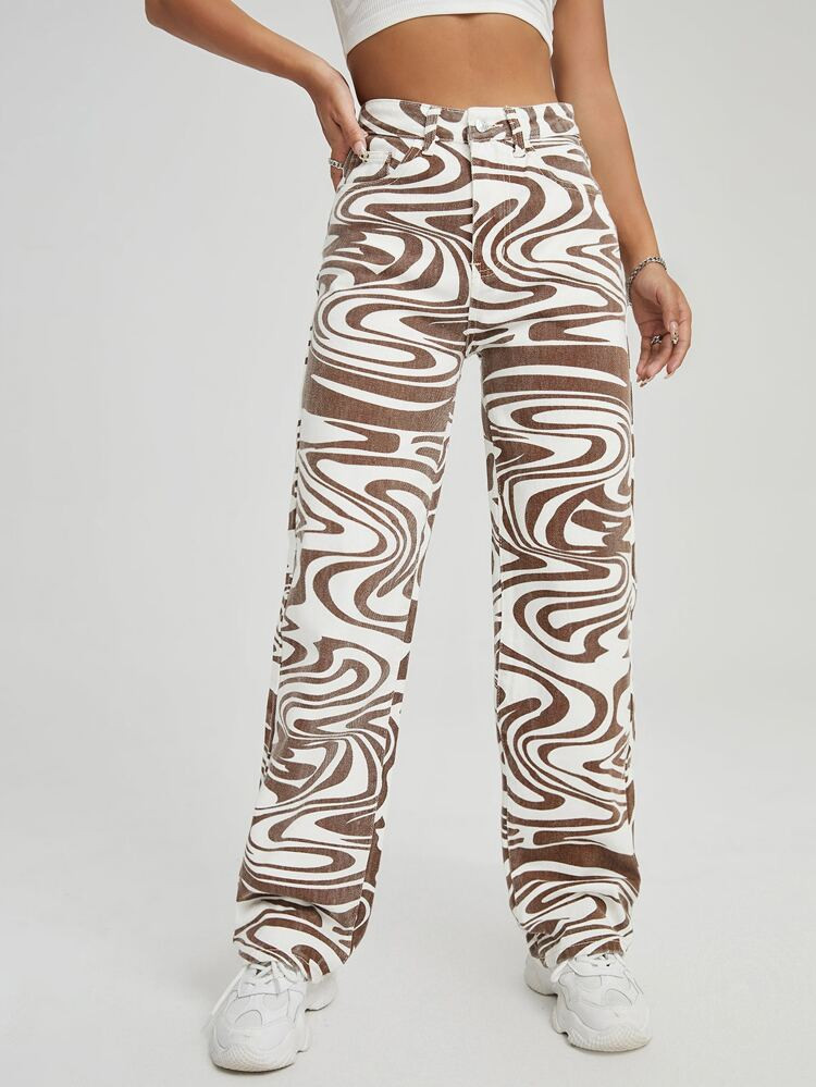 High Waist Allover Print Straight Jeans | SHEIN