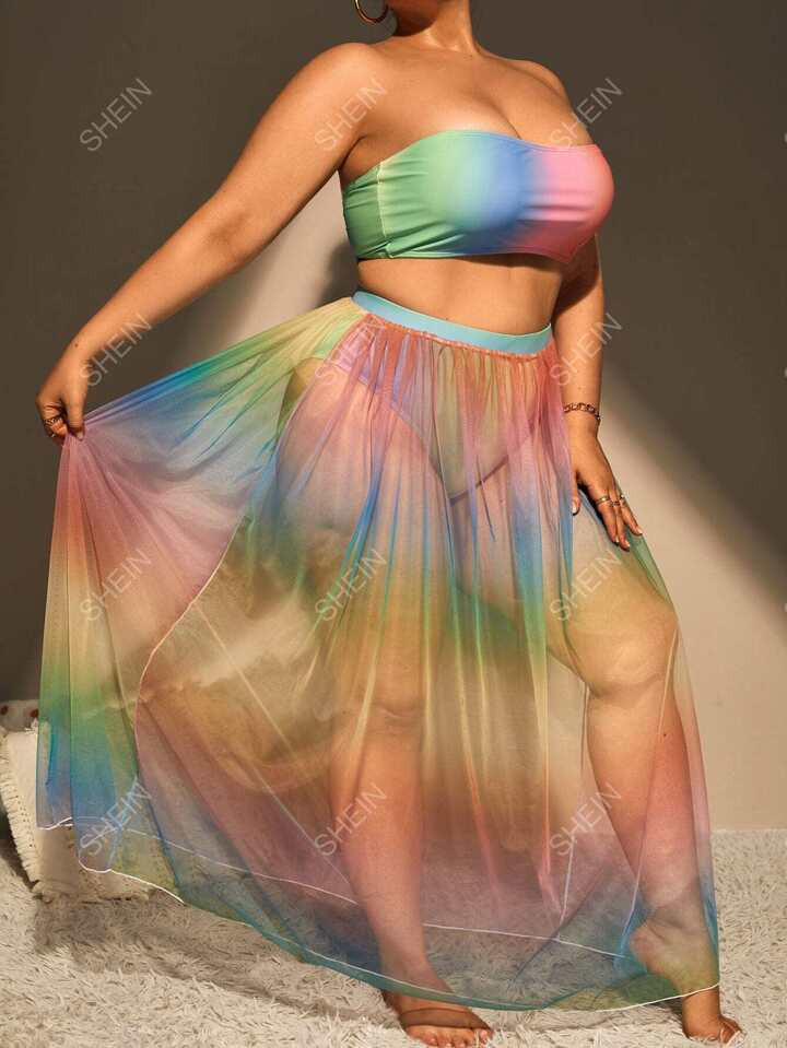 SHEIN Swim Vcay Plus Ombre Bikini Set Bandeau Bikini & High Waist Bikini & Beach Skirt 3 Piece Sw... | SHEIN