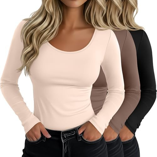 Neer 3 Pack Women's Long Sleeve T-Shirts Scoop Neck Slim Fitted Tops Stretchy Tight Casual Tees B... | Amazon (US)