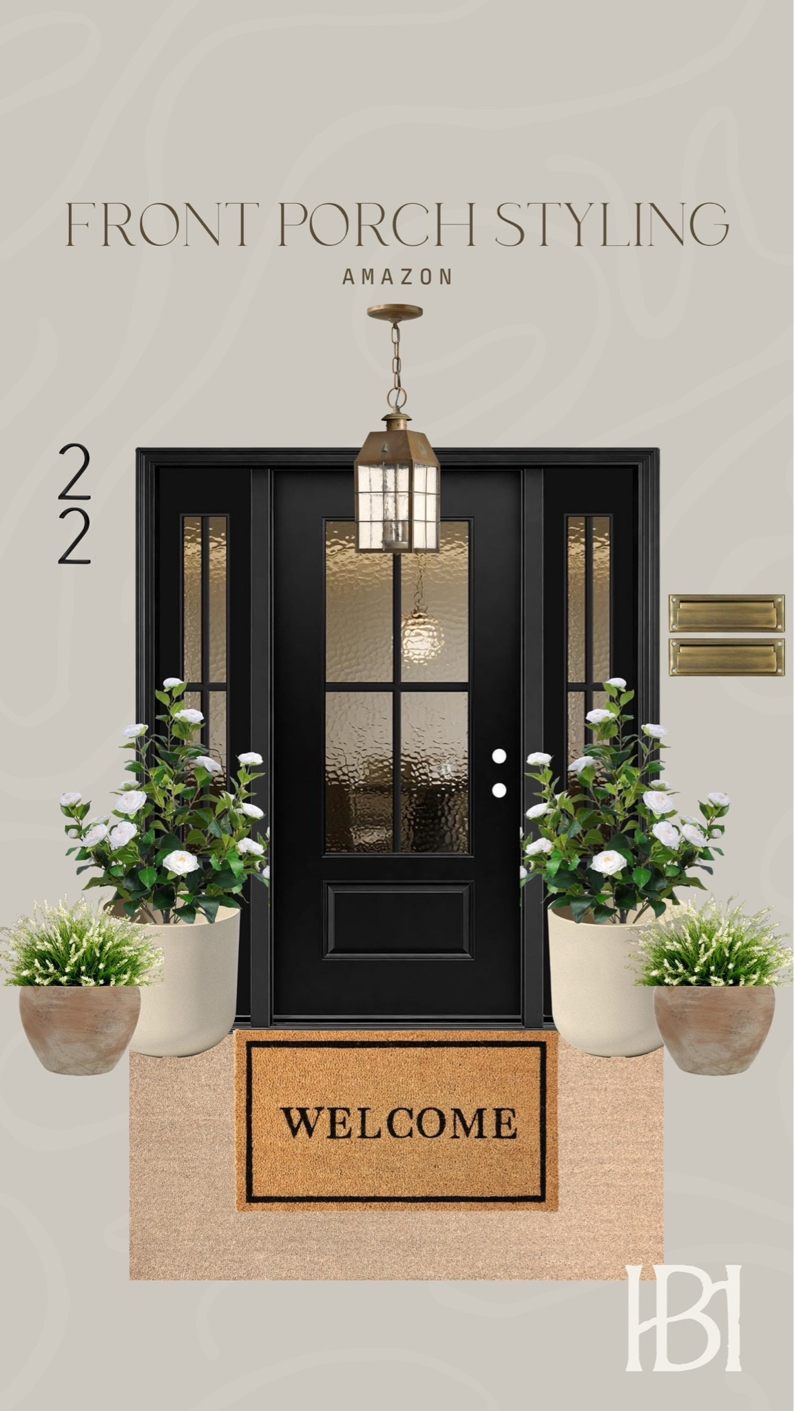 Amazon front porch styling 🖤 The prettiest black front door complemented by elevated planters, faux summer flowers, a pretty gold outdoor lighting fixture, and more. All on Amazon! 🙌🏻👏🏻