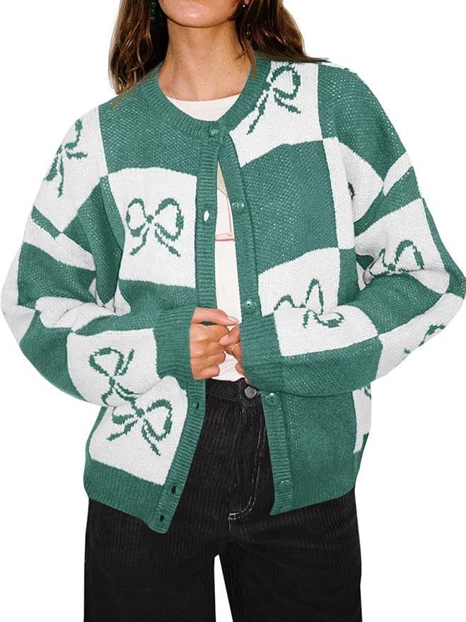 Saodimallsu Womens Checkered Sweater Bow Color Block Plaid Cardigan Long Sleeve Button Open Front... | Amazon (US)