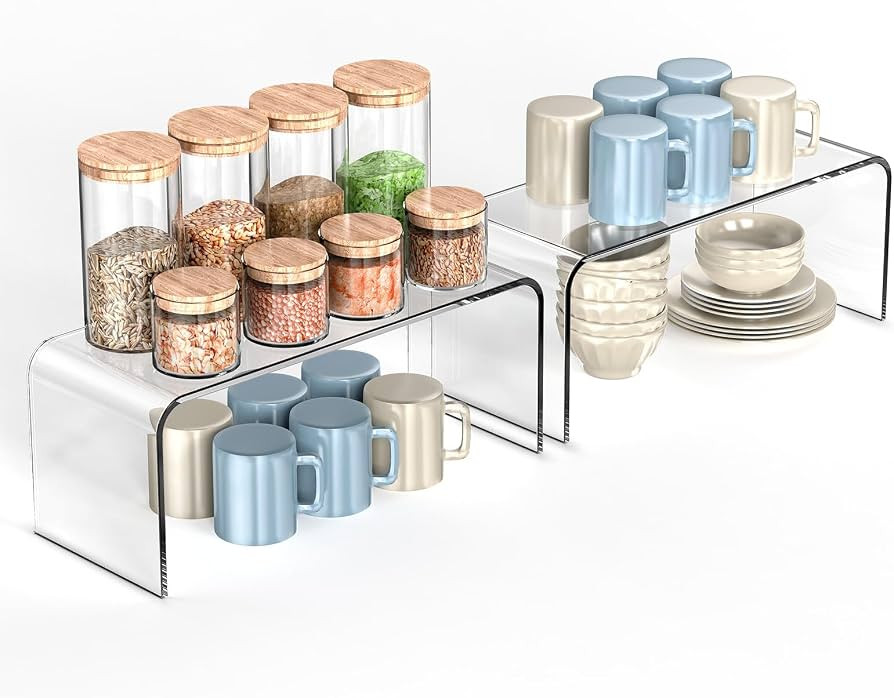 Clear Cabinet Shelf Organizers, 2 Pack Shelf Risers Kitchen Cabinets, Spice Rack for Dishes, Soda... | Amazon (US)