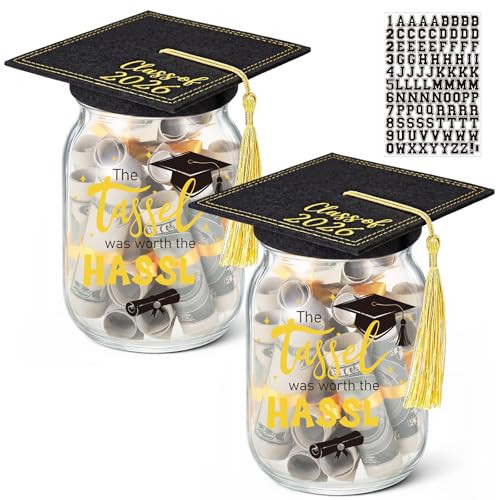 Gandeer 2 Sets 2026 Graduation Gifts Personalized Name Graduation Glass Mason Jar with Grad Cap DIY Money Box Holder Centerpiece Congrats Grad Party Supplies for College High School(Black) | Amazon (US)