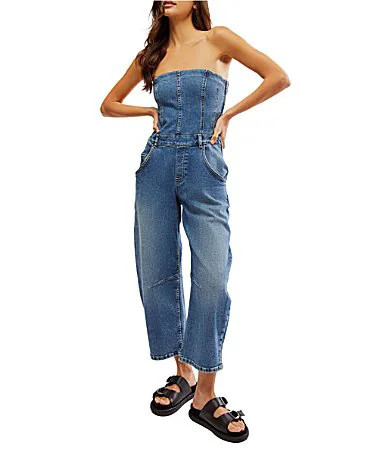 Free People Je Suis Pret Strapless Barrel Leg Denim Jumpsuit - S | Dillard's