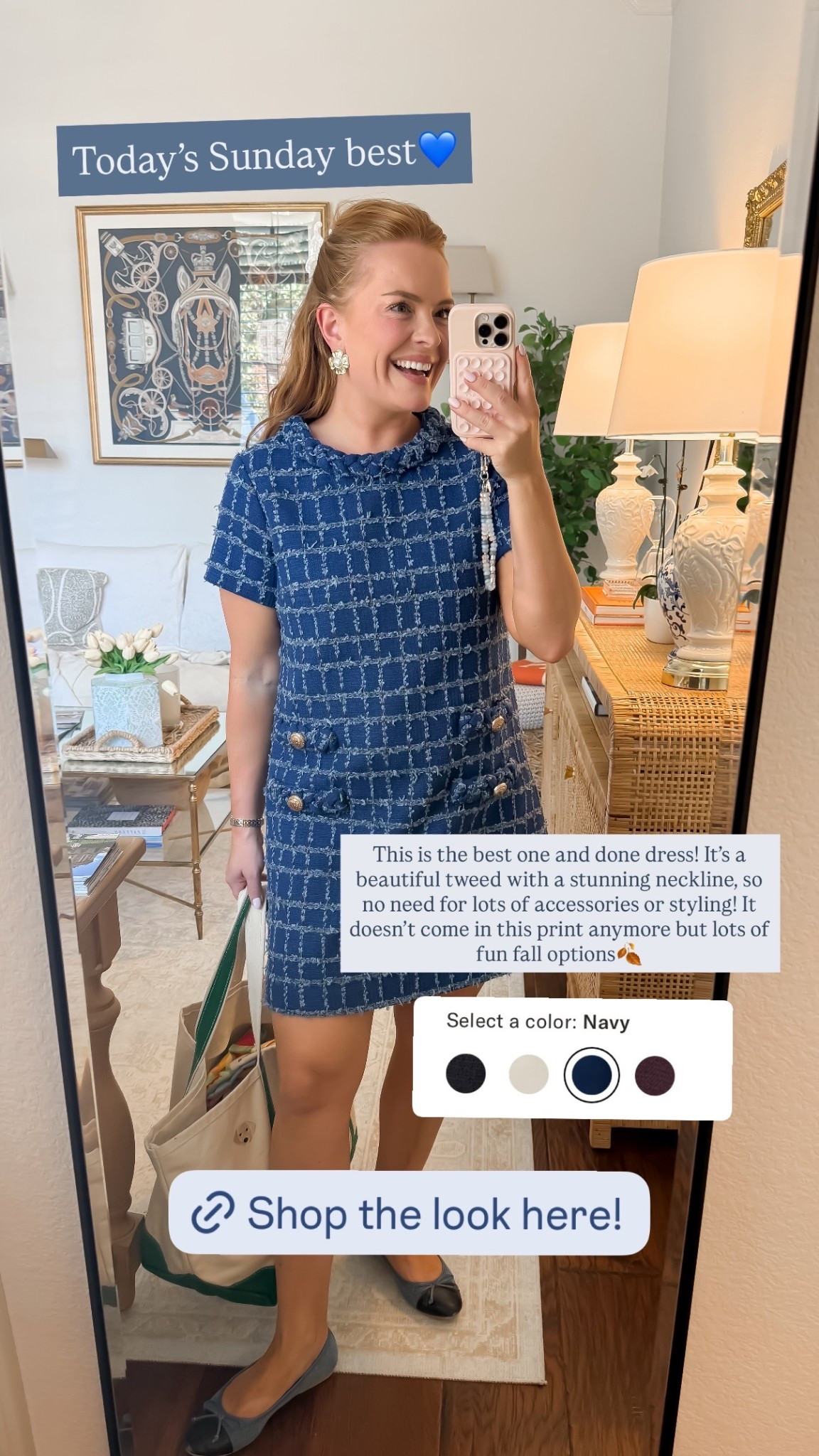 This is the best one and done dress! It’s a beautiful tweed with a stunning neckline, so no need for lots of accessories or styling! It doesn’t come in this print anymore but lots of fun fall options🍂 Today’s Sunday best💙 @tuckernuck