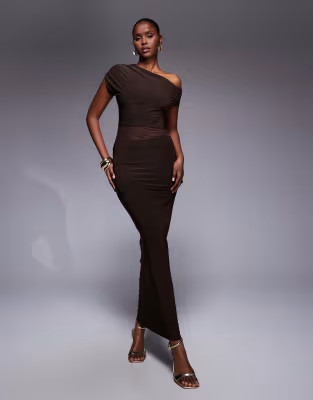 Kaiia Exclusive double layered slinky drape off-shoulder sheer mesh panel maxi dress in chocolate | ASOS (Global)