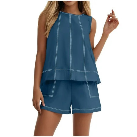 vigerkar Womens Short Sets 2 Piece Vacation Outfits Sleeveless Tank Top and Shorts Matching Set with Pockets Navy, XL | Walmart (US)