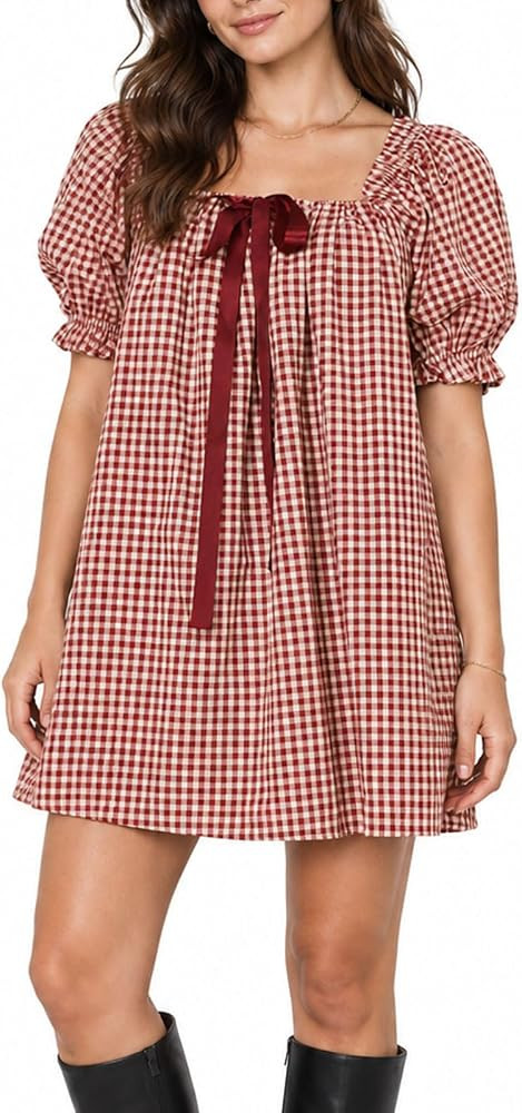 Women's Plaid Babydoll Short Dress Puff Sleeve Cute Tie Mini Dress Gingham Spring Dresses | Amazon (US)
