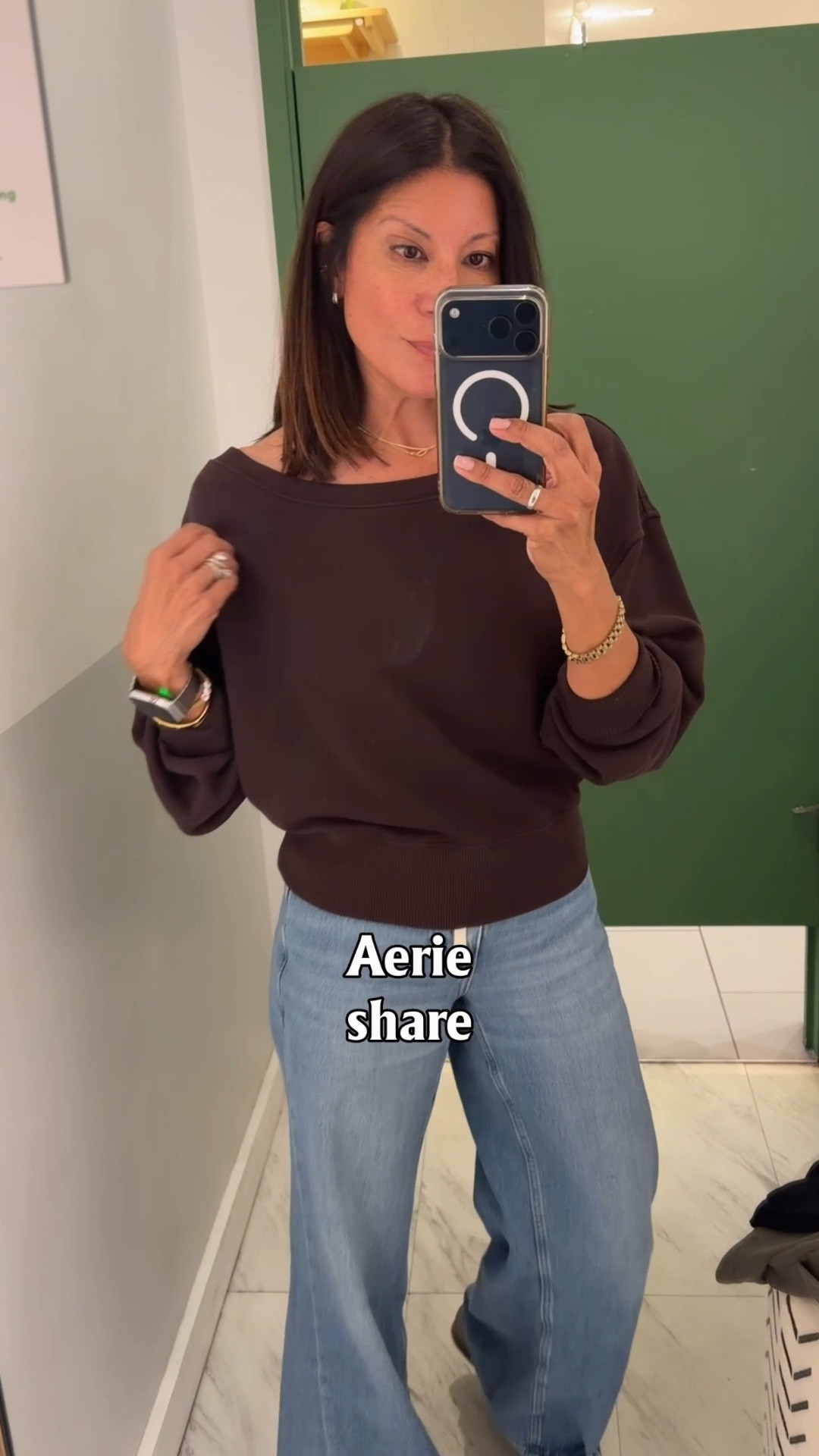 Did a try on in @aerie 

New to me off shoulder top and cute zip up
Other color options available 
Wearing xs in both 

Jeans are BR - I linked the new version 
Size 25 

#LTKPetite #LTKxAerie #LTKOver40